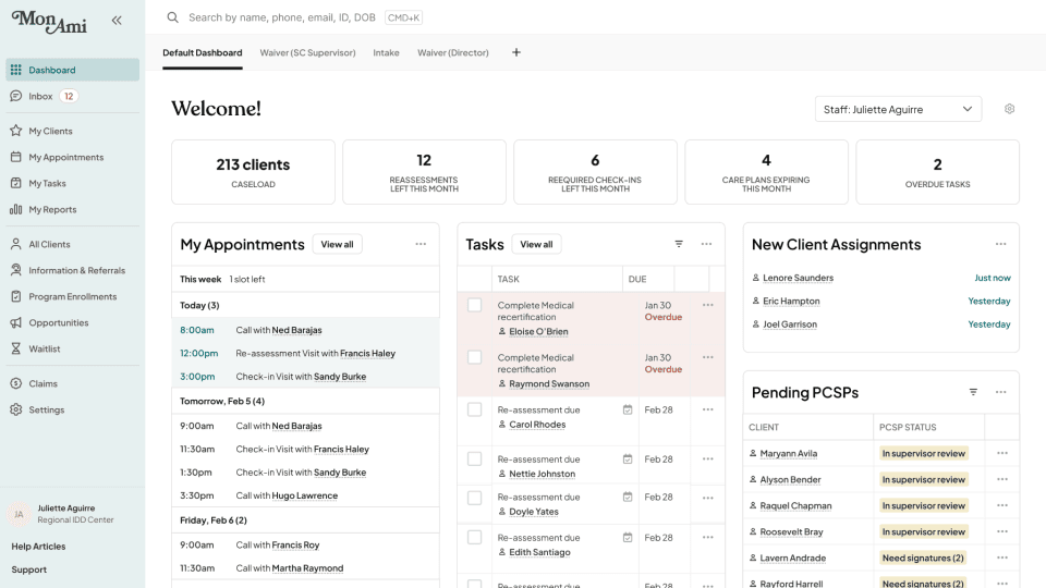 Mon Ami case manager dashboard — caseload, appointments, tasks, new assignments, and pending care plan signatures