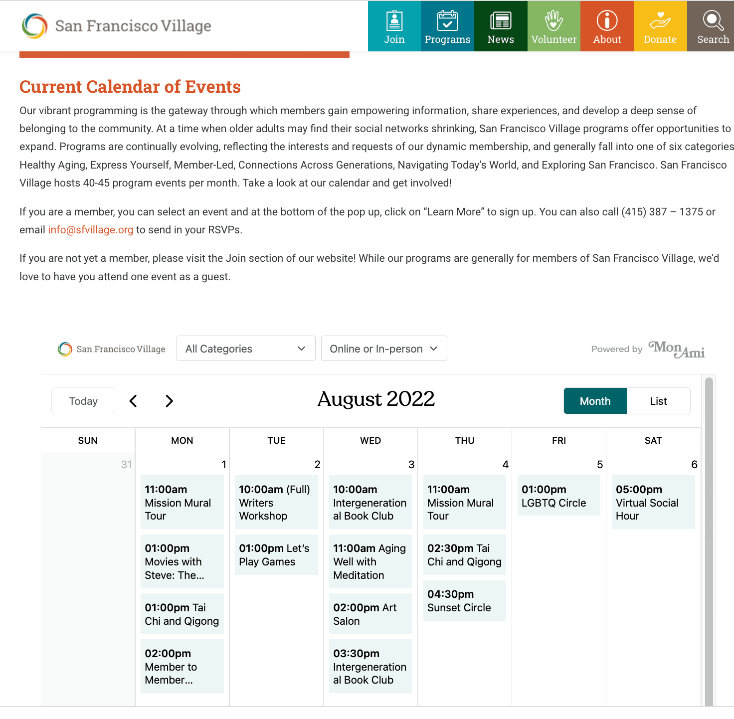Example of a public events calendar embedded on an organization's website
